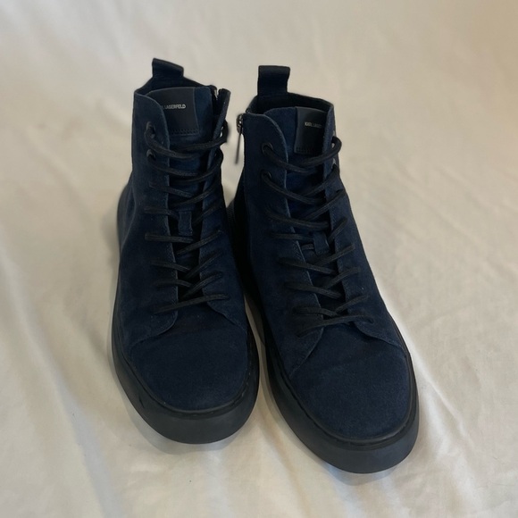 Karl Lagerfeld Paris Suede High Top Blue Lace Up Sneakers Side Zipper Size 9M - Picture 2 of 16